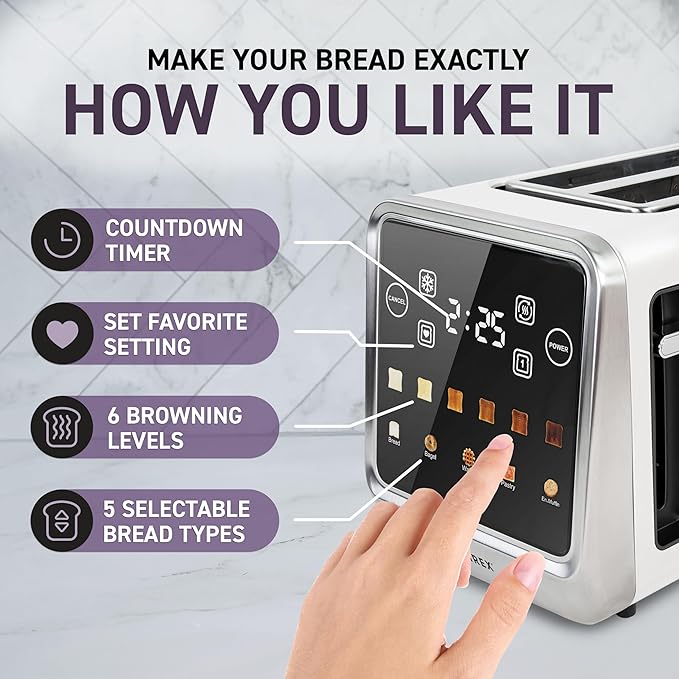 Inspirex Touch Screen Toaster - 2 Extra Wide Slots - 5 Bread Types and 6 Browning Levels - Defrost, Reheat, Favorite, & Single Slot Modes - For Toast, Bagels, & Waffles – White