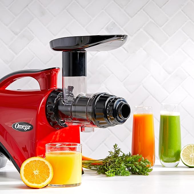 Omega Juicer Premium Vegetable and Fruit Juice Extractor and Nutrition System Makes Nut Milks Baby Food and Sorbets, Adjustable Pressure Settings 80-RPM Slow Masticating Juicer, 150-Watts, Red
