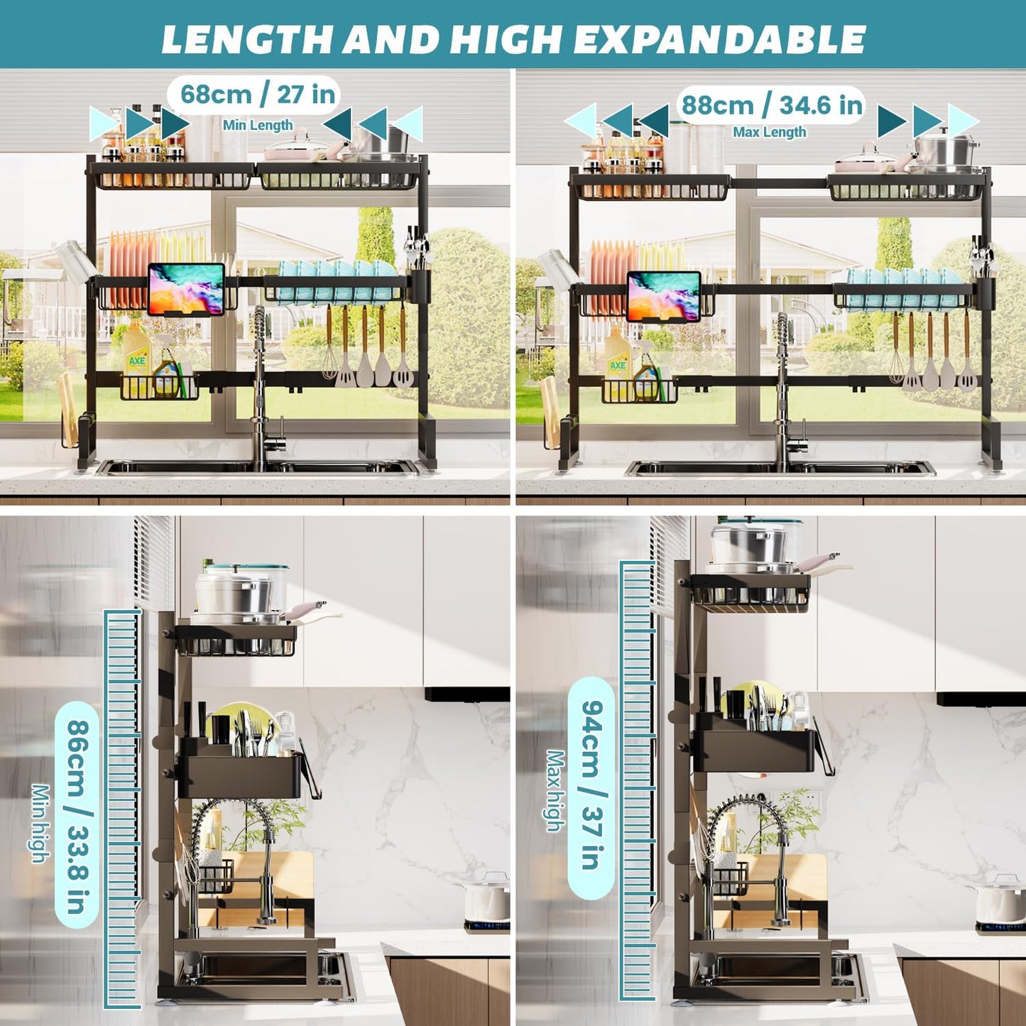 ADBIU Over The Sink Dish Drying Rack (Expandable Height and Length) Snap-On Design 2 Tier Large Dish Rack (27-40L x 12W x 32.5-37H (inches))