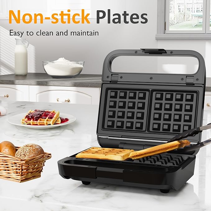 Sunvivi Pro Waffle Maker with Removable Non-stick Plates, Electric Sandwich Maker 3 in 1 Panini Press Grill, with Glass Top, Cool Touch Handle & Easy to Clean, 850W