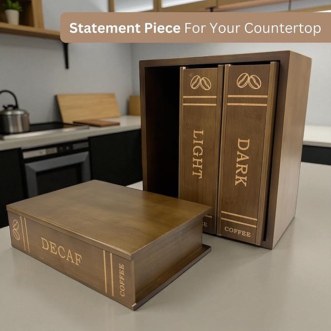 The Coffee Pod Library | Elegant Countertop Organizer & Display for Coffee Lovers | Compatible with K-Cups | Set of 3 Book-Inspired Bamboo Boxes with Stand | 6 Sliding Lids with Labels