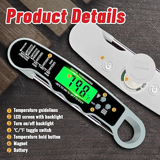 Meat Thermometer Digital, Instant Read Meat Thermometer with Backlight & Magnet for Kitchen, Beef, Grill, Turkey,IP67 Waterproof Cooking Thermometer，Suitable as Stocking Stuffers for Men