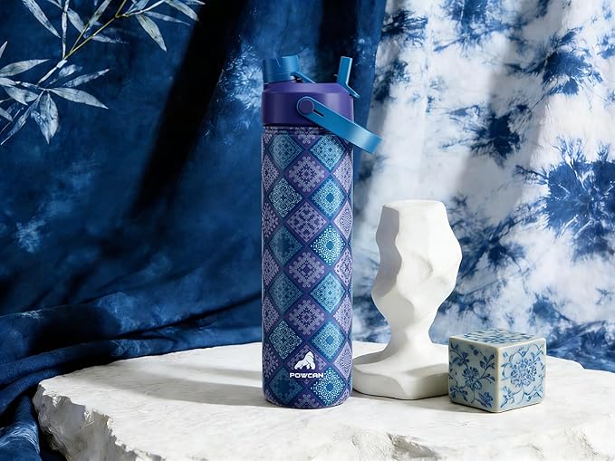 POWCAN 26 oz Insulated Water Bottle with 2-in-1 Straw and Spout Lid, Keep Cold 24H, Leak-Proof, Fits in Car Cup Holder, Stainless Steel Water Bottle for Gift, Gym, Travel and Home (Indigo Porcelain)