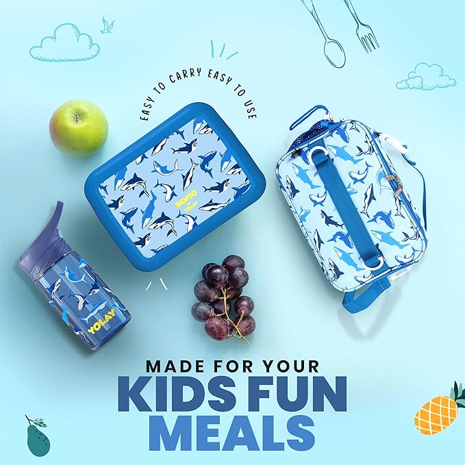 YOLAY Bento Box for Kids Lunch Box Leak-Proof, 5-Compartment Lunch Box Kids for Ages 3-10, Durable with Anti-Slip Base, Suitable for Schools, Outdoor and Travel (Sharks)