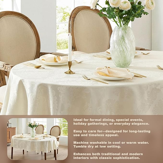 Newbridge Barcelona Luxury Damask Fabric Tablecloth, 60” Wide x 84” Oval, Antique White, 100% Polyester, No Iron, Soil Resistant Dining Room, Party and Banquet Table Cover