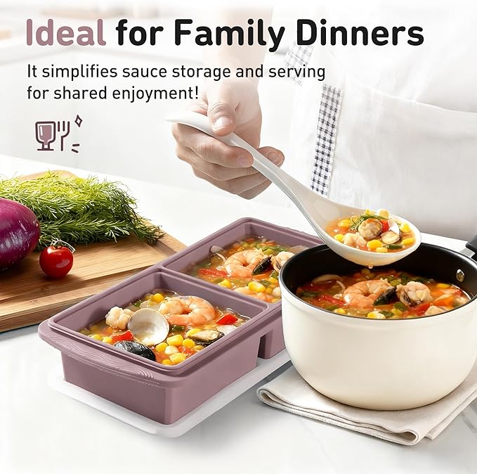 Silicone Freezer Tray with Lid Soup Freezer Container Molds with Steel Reinforced Rim Large Ice Cube Tray Makes 4 Perfect 2 Cup Portions Cubes Storage Food Meal Prep Containers Cookware 2 Pack