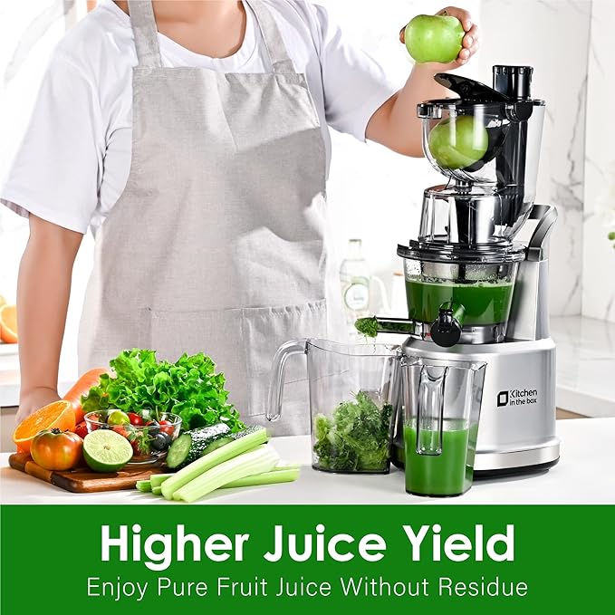 Kitchen in the Box Slow Masticating Cold Pressed Juicer Machines, With 3.26" Wide Feed Chute for Whole Fruits and Vegetables (Bright Silver)