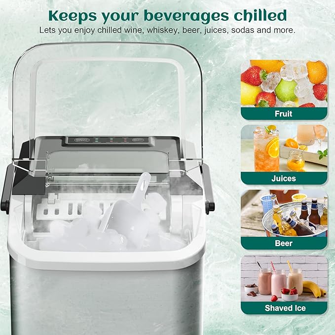 Maine Bullet Ice Maker, Counter Top Ice Maker with Portable Carrying Handle, 33 lb/24H Portable Ice Maker Suitable for Home, Office, Kitchen, RV, 9 Cubes Ready in 7-8 Mins