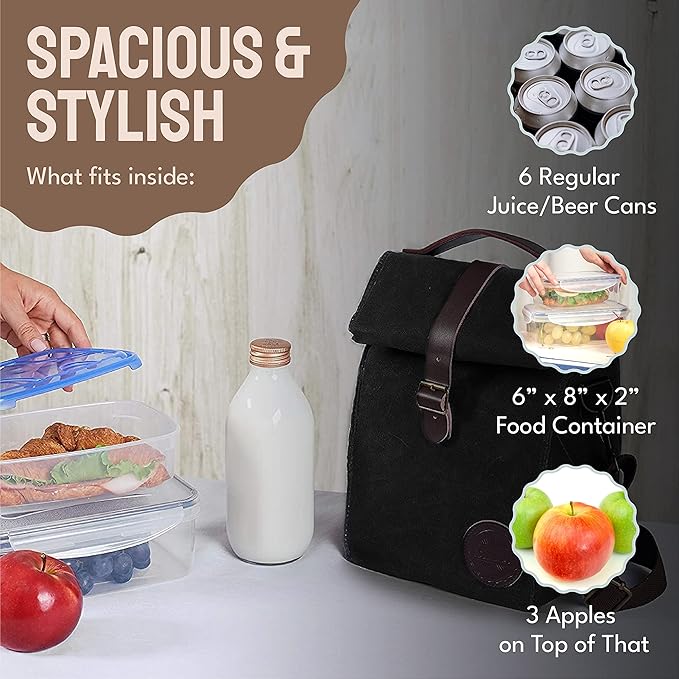 ASEBBO Insulated Lunch Bag for Women & Men - Reusable & Leak Proof Lunch Box Cooler Bag for Work, Beach, Travel for Adults with Shoulder Strap - Waxed Canvas (Black) - Reusable Bag