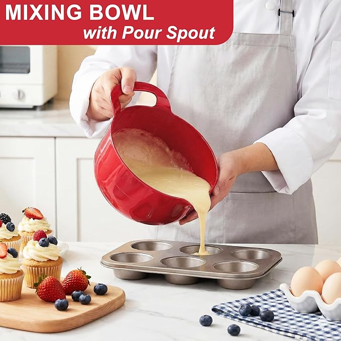 BoxedHome 4 Pack Nesting Mixing Bowl Christmas Set with Pour Spout and Handle, BPA free Microwave & Dishwasher Safe(Christmas colours, 4 Pack with Handle, Random colour silicone scraper included)