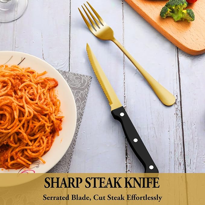 36 Pcs Gold Silverware Set with Steak Knives, Stainless Steel Flatware Cutlery Set Service for 6, Kitchen Tableware Sets, Utensil Sets for Home and Restaurant, Knives Forks Spoon, Dishwasher Safe