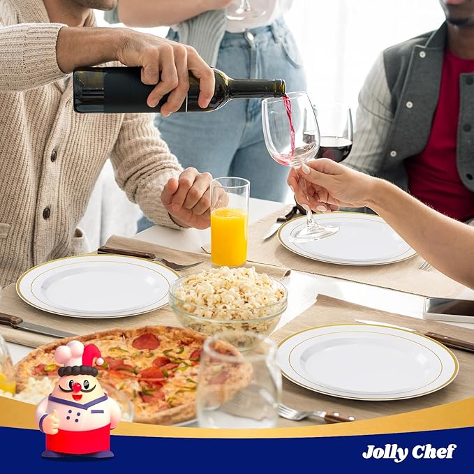 JOLLY CHEF 200 Pieces Gold Plastic Plates, 10 Inch Elegan Disposable Plates White Plate with Gold Rim,Plastic Plates for Thanksgiving、Birthdays and Weddings