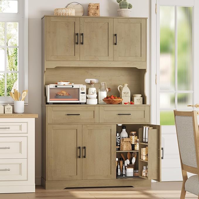FACBOTALL Tall Kitchen Pantry Cabinet, Farmhouse Food Pantry Cabinet with Doors and Adjustable Shelves, Kitchen Hutch with Countertop and Microwave Stand for Dining Room, Living Room, Oak Color