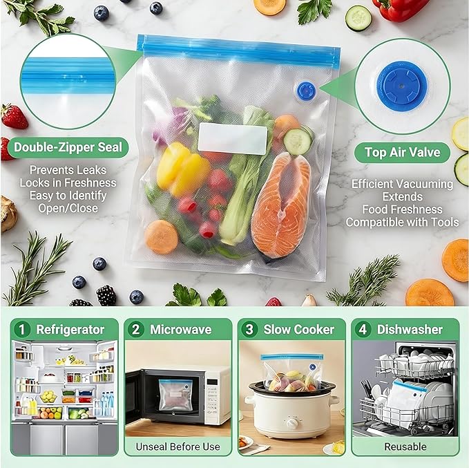 Vacuum Sealer + 15 Reusable Vacuum Bags Powerful Portable Vacuum Sealer for Food，White