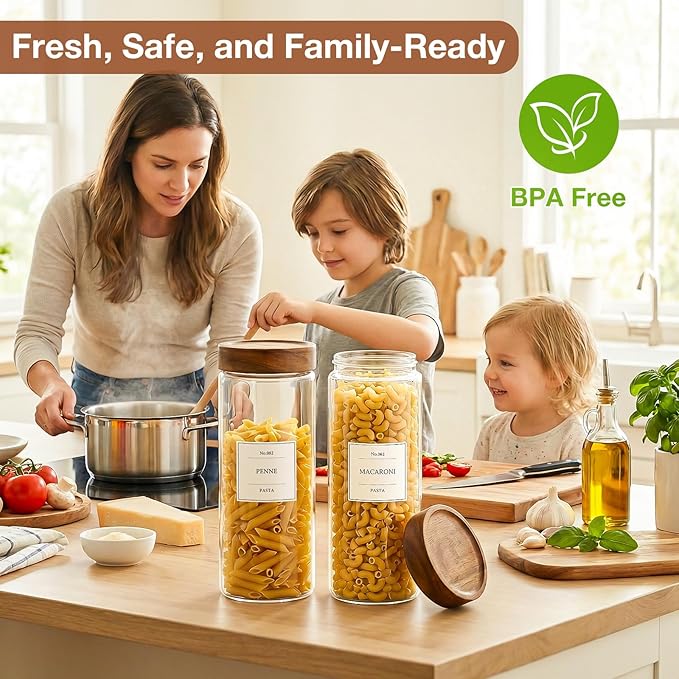 CONNOO 2-Pack 50oz Glass Storage Containers with Wood Lids – 120 Waterproof Labels Included – Tall Airtight Pantry Organizers for Short Pasta, Flour – Modern Kitchen Decor