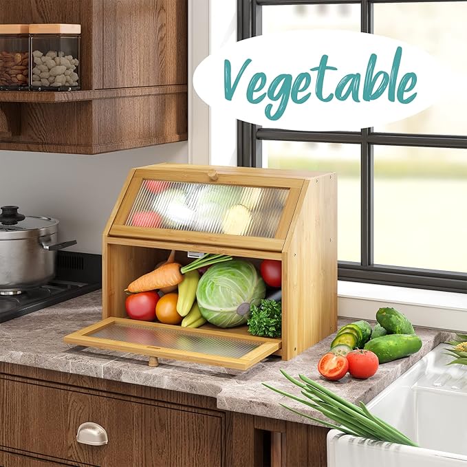Bread Box for Kitchen Counter, Large Bamboo Wood Double Layer Bread Box, Wooden Bread Storage Capacity