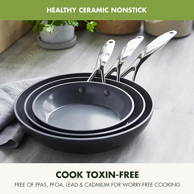 GreenPan Valencia Pro Ceramic Nonstick 8" 9.5" & 11" Fry Pan Skillet Set, Hard Anodized PFAS-Free, Induction Ready, Compatible on All Cooktops, Dishwasher Safe, Oven Safe to 600F, Gray