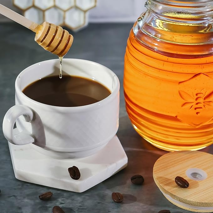 Kate Aspen 24oz. Bee Hive Shaped Honey Glass Mason Jar with Two Wooden Honey Dippers, Bamboo & Metal Lid, Kitchen Decor, Bumblebee Baby Shower Prize, Take Home Gift, Bee Decorations