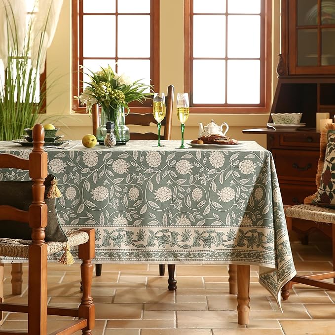 ISAENNE Designer Grayish Green Linen Long Rectangle Tablecloth,Floral Stain Resistant Table Cloth,Fall Vintage Decor Tablecloths for Dining Thanksgiving Kitchen Party,63"*94"-Andrew A