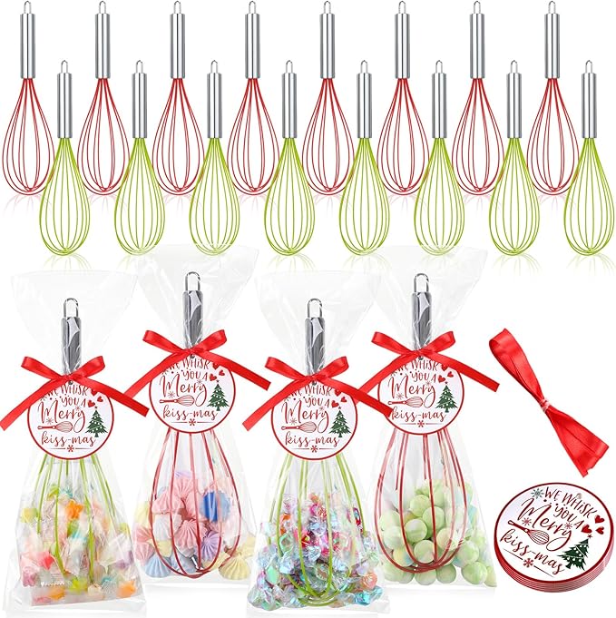 16 Sets 12 Inch Christmas Whisks Gifts DIY Fillable Christmas Tree Ornaments Xmas Colored Silicone Whisks for Cooking Heat Resistant Egg Beaters with Card Rope Bag for Candy Holder
