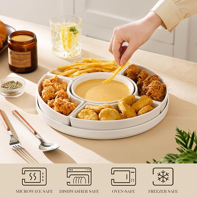 MALACASA Porcelain Divided Serving Dishes, Appetizers Tray, Serving Tray for Party - Perfect for Chips and Dip, Fruit, Veggies, Candy and Snacks, Divided Serving Platter, Relish Tray, White