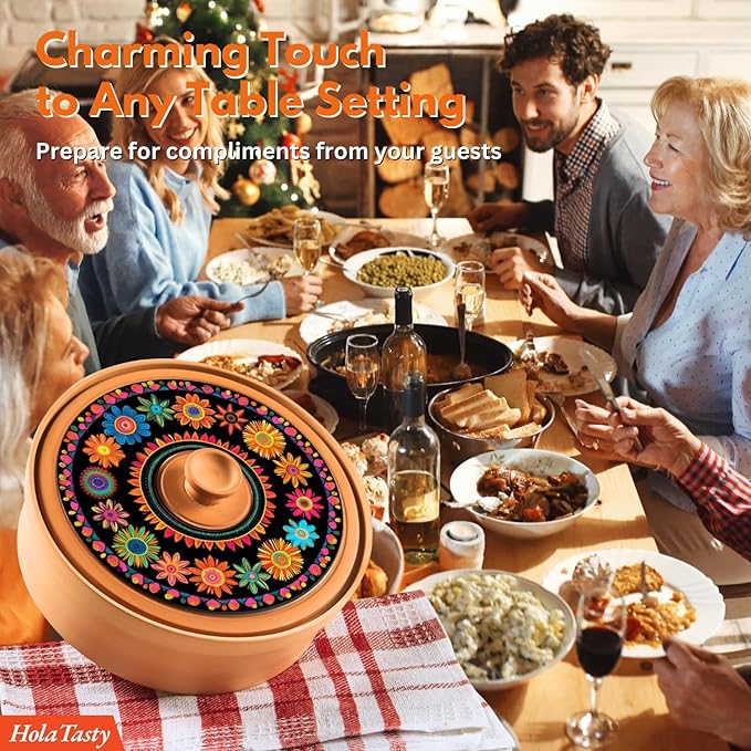 Terracotta Tortilla Warmer Day of the Dead - Mexican Clay Tortilla Holder with Decorative Marigold Lid & Warmer Cloth, Authentic Día de Muertos Terra Cotta Tortillero Holder for Parties & Celebrations