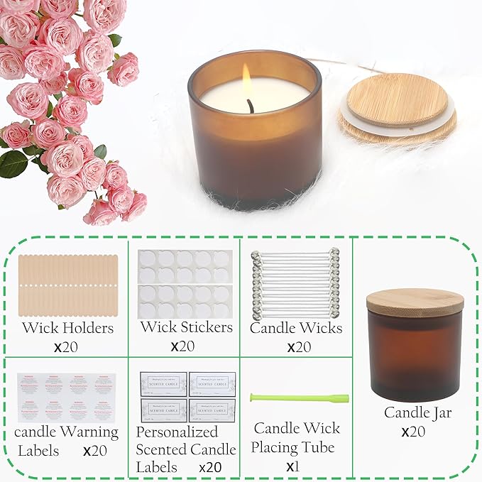 MILIVIXAY 20 Pack 4 OZ Frosted Amber Glass Candle Jars with Lids and Candle Making Kits - Bulk Small Empty Candle Jars for Making Candles - Spice, Powder Containers.