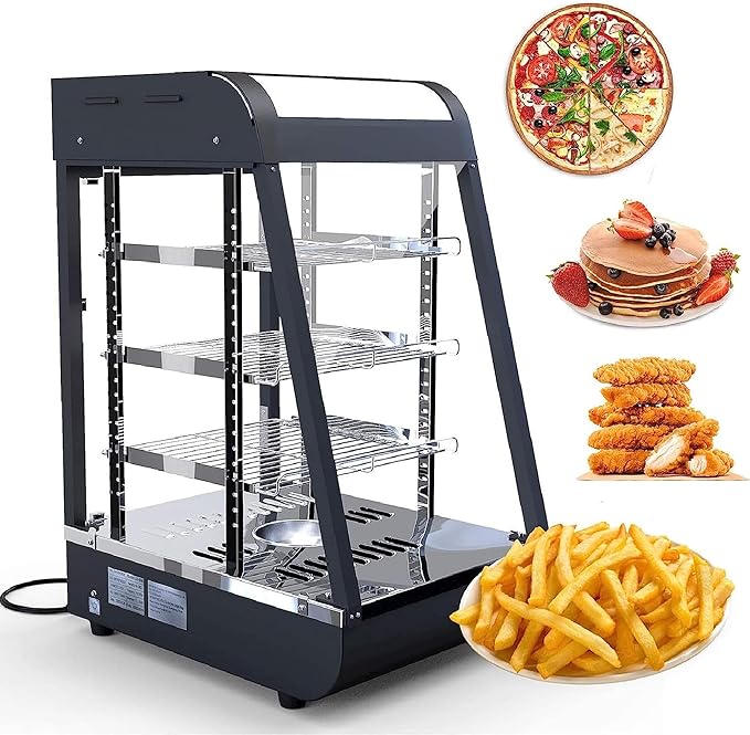 Whalefall 3-Tier Food Warmers Countertop, 15" Commercial Warm for Food Pizza Warmer w/ 3D Heating with Stainless Frame Sliding Glass Doors Pastry Display Case for Buffet Restaurant