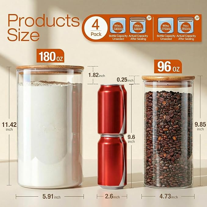 HomArtist Large Glass Flour and Sugar Containers 180oz x2 & 93oz x2 [Set of 4], Glass Food Storage Containers with Bamboo Lids, Glass Jar with Airtight Lid for Spaghetti Pasta,Rice,Cereal,Coffee, Oat