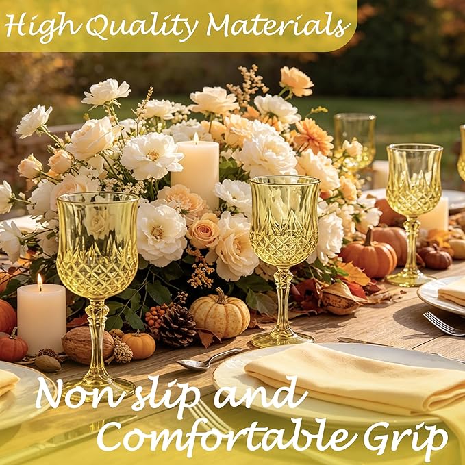 Plastic Wine Glasses, Plastic Goblets Vintage Style Cordial Unbreakable Drinking Glasses, Reusable Drinkware for Wedding Reception, Grand Event Party Supplies (24, Gold)