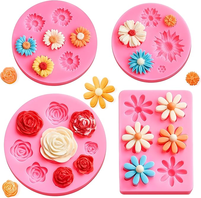 Puyeipt 4 Pcs Flower Silicone Fondant Molds, Daisy Rose Flower Chocolate Candy Molds for Cupcake Topper, Cake Pop Decoration and Clay Craft Making