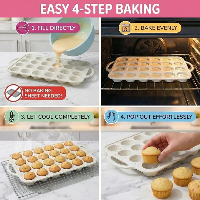 1-Pack - Silicone Mini Muffin Pan – 24-Cup, Nonstick Silicone Muffin Pans for Baking with Metal-Reinforced Handles, – BPA-Free Muffin Tin Tray for Mini Cupcakes & Snacks – Dishwasher Safe, Cream