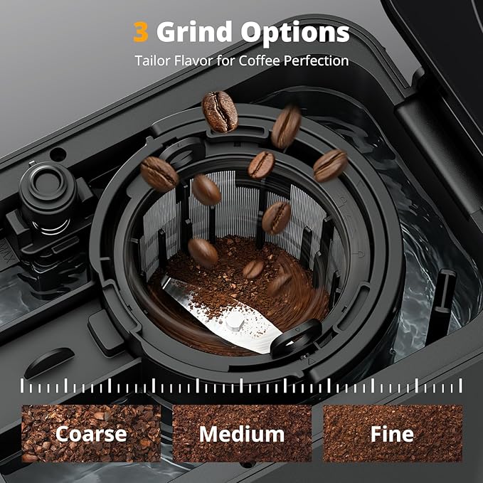AIRMSEN Grind & Brew Coffee Maker with Built-in Grinder, Programmable Single Serve Coffee Maker - 5 Cup Capacity, 3 Grind Settings, Auto Keep Warm & Glass Carafe for Home and Office