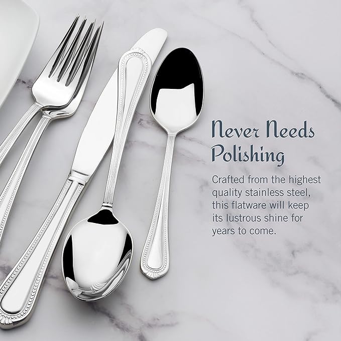 Mikasa Regent Bead 65-Piece Silverware Set, 18/10 Stainless Steel Flatware Service for 12, Includes 5 Serving Tools, Dishwasher Safe Polished Cutlery