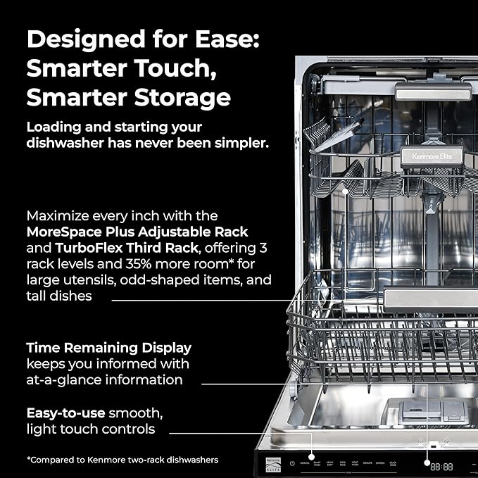 Kenmore 22-14689 Elite 24" Built-In Dishwasher - UltraWash Plus, TurboDry, QuietWash, SmartWash, TurboFlex Third Rack & Reach-Thru Handle - 15 Place Settings-42 DBA - ENERGY STAR Certified - 24"-Black