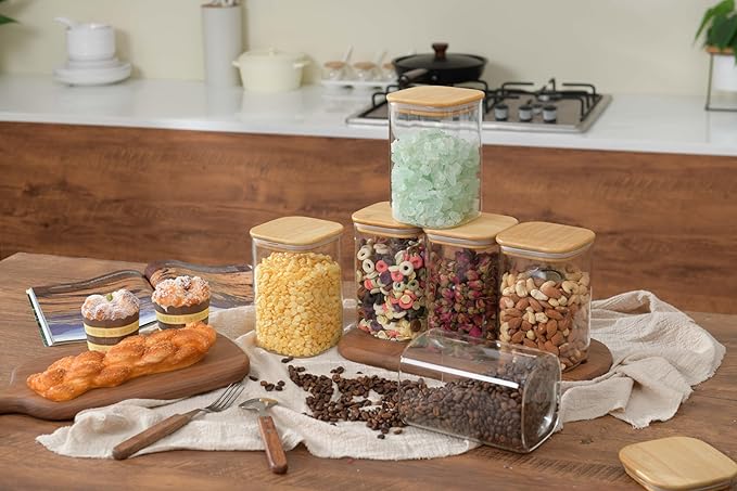 D2scrma 37oz Airtight Glass Square Storage Canisters with Bamboo Lid Set of 6 (1100ml) Stackable Containers, Kitchen Jars for Pantry Noodles, Flour and Coffee beans (‎with Black Lable)