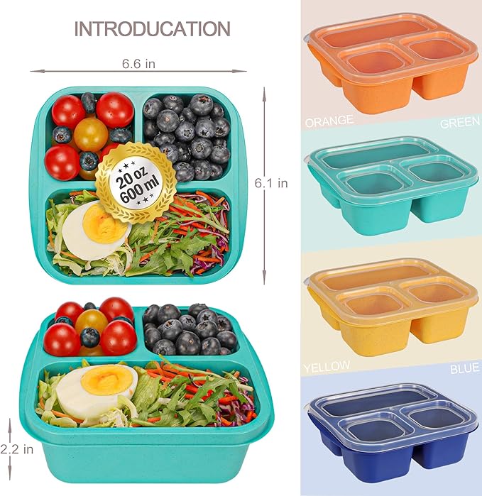 TOUWMX Bento Box For Kids, 4 Pack 3 Compartments Lunchable Meal Prep Containers Lunch Containers, Reusable Snack Containers with Lids, Snack Boxes for School, Work, and Travel