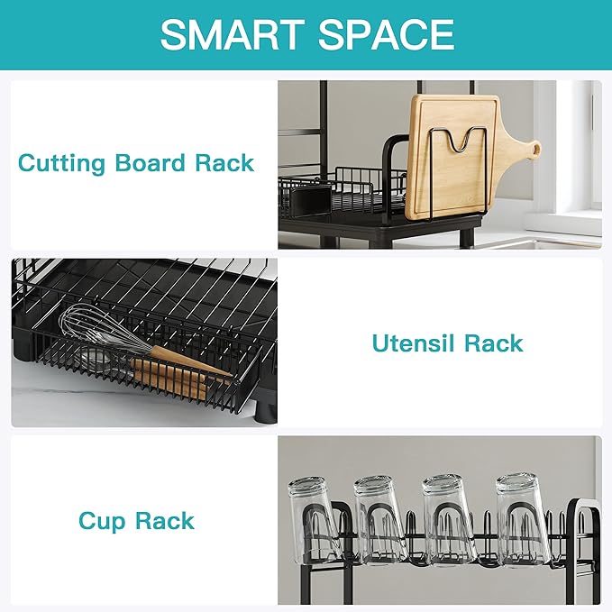 romision 2 Tier Compact Stainless Steel Dish Drainers Drying Rack for Kitchen Counter, Space Saving, Rust Proof Plate Strainers Holder On Countertop with Drainboard, Modern Black, Small