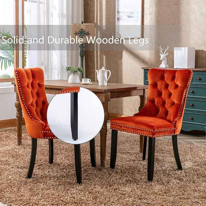 Velvet Dining Chairs Set of 2, Upholstered Dining Room Chairs with Back Ring Pull Trim and Solid Wood Legs,Tufted Wingback Kitchen Chair Perfect for Dining Room,Living Room,Kitchen(Orange)