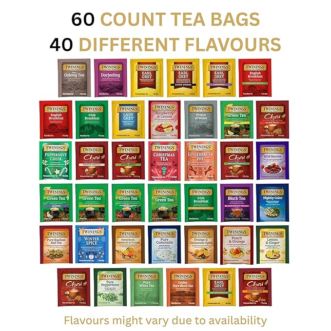 Twinings Tea Bag Sampler Variety with White Wooden Organizer (60 Count) 40 Different Flavours, Gift for Tea Lovers: Women, Men, Mom, Dad, Family, Friends, Couples
