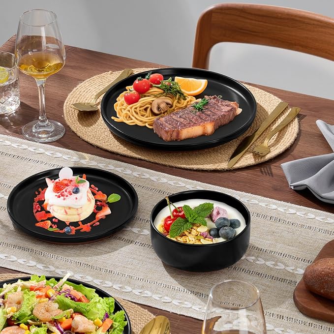E-far 12-Piece Stoneware Plates and Bowls Sets, Dinnerware Sets for 4, Ceramic Dishware Dishes Set with Terracotta Base, Chip & Scratch Resistant, Microwave & Dishwasher Safe, Matte Black