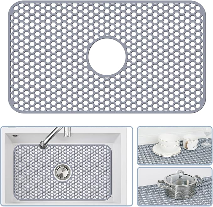 Bestjing Silicone Sink Mat - 24.8''x13'' Sink Protector for Kitchen Sink with Center Drain - Kitchen Grid Accessory, Non-slip Heat Resistant Mat for Bottom of Farmhouse Stainless Steel (Center Hole)