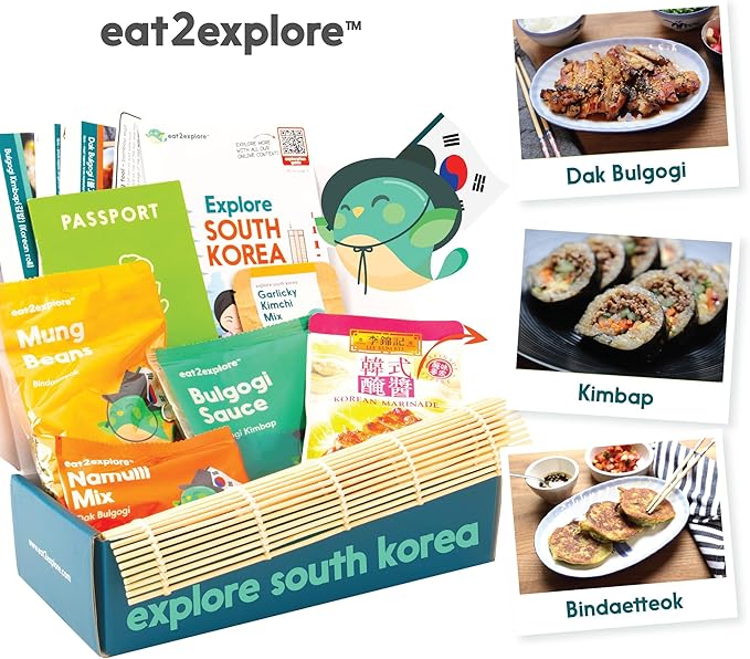 eat2explore Cooking Kits for Kids 14 Pcs – Interactive & Educational Kids Cooking Sets Real for Ages 5 and Up,3 Recipe Cards & Global Ingredients – Perfect for Families and Homeschooling (South Korea)