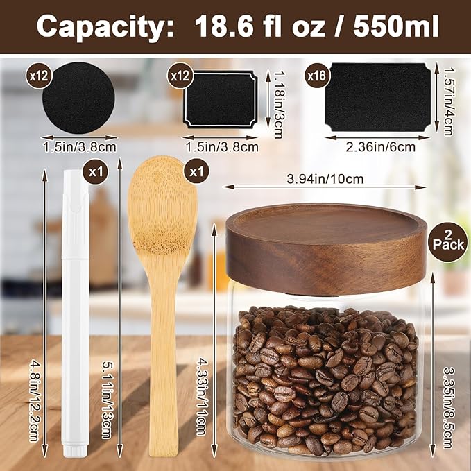 19oz Coffee Jars with Airtight Lid, 2 Pack Glass Mason Jars with Wood Lids Set, Srew Top Food Storage Containers for Sugar, Tea, Oats, Candy, Cookie, Bean - 3.9 x 3.9 inch Spice Bottle