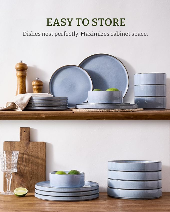 Famiware Annecy Plates and Bowls Sets, 12 Pieces Dinnerware Sets, Microwave and Dishwasher Safe Dishes Set for 4, Chip and Scratch Resistant, Reactive Blue