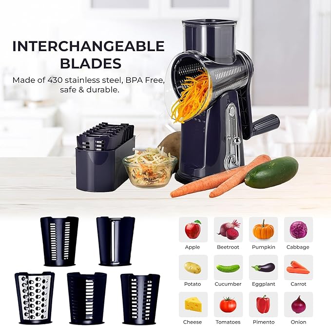 Chef Power Premium Quality 5 in 1 Cheese Grater Hand Crank - Stainless Steel Rotary Cheese Grater for Effortless Grating - Durable and Ergonomic Design for Professional and Home Use (Violet)