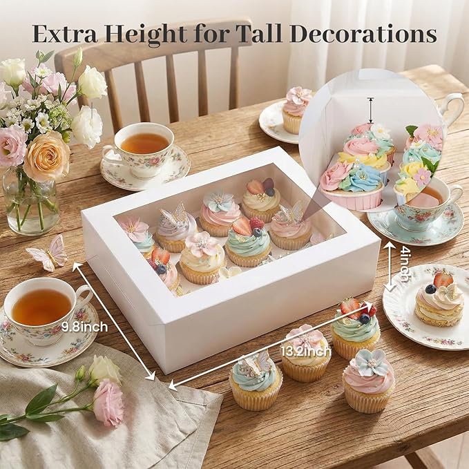 VGOODALL 12 Count Cupcake Boxes, 12PCS Cupcake Holder with Window White Pastry Boxes for Birthday Holiday Party Bakery Supplies