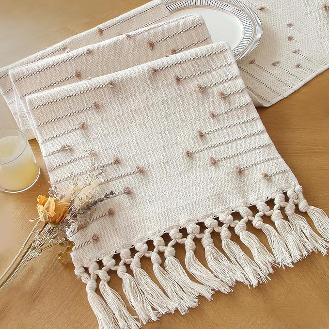 FEXIA Boho Table Runner with Tassels 90 Inches Long for Home Decor Macrame Room Decor Farmhouse Rustic Table Runners for Dining Bedroom Bridal Shower (12x90 Inches)