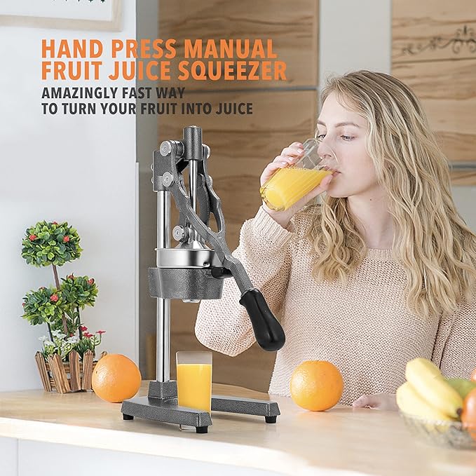 19 Inch Height Extra Tall Commercial Heavy Duty Cast Iron Hand Press Manual Orange Citrus Lemon Lime Grapefruit Pomegranate Fruit Juice Squeezer Machine with Stainless Steel Cup Grey