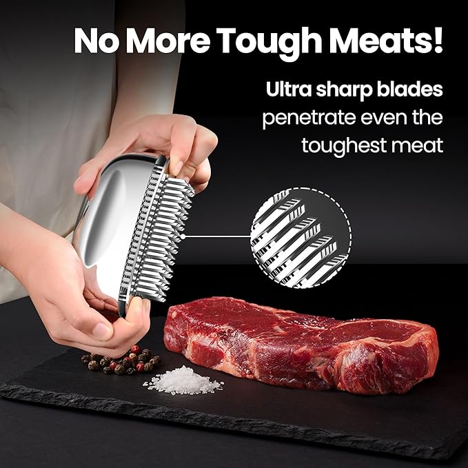Meat Tenderizer Tool Ultra Sharp Needle Blades 100% Stainless Steel - Heavy Duty Kitchen Gadgets - Hand Held Meat Tenderizer Needle Tool - Cooking Gadgets for Tenderizing Chicken, Steak, Veal, BBQ